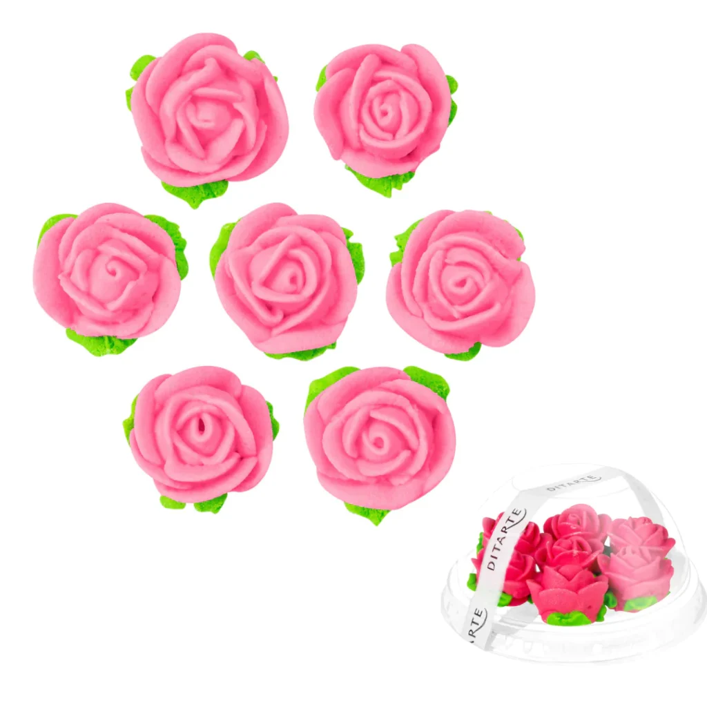 Cukrowe róże różowe z listkami, 7szt