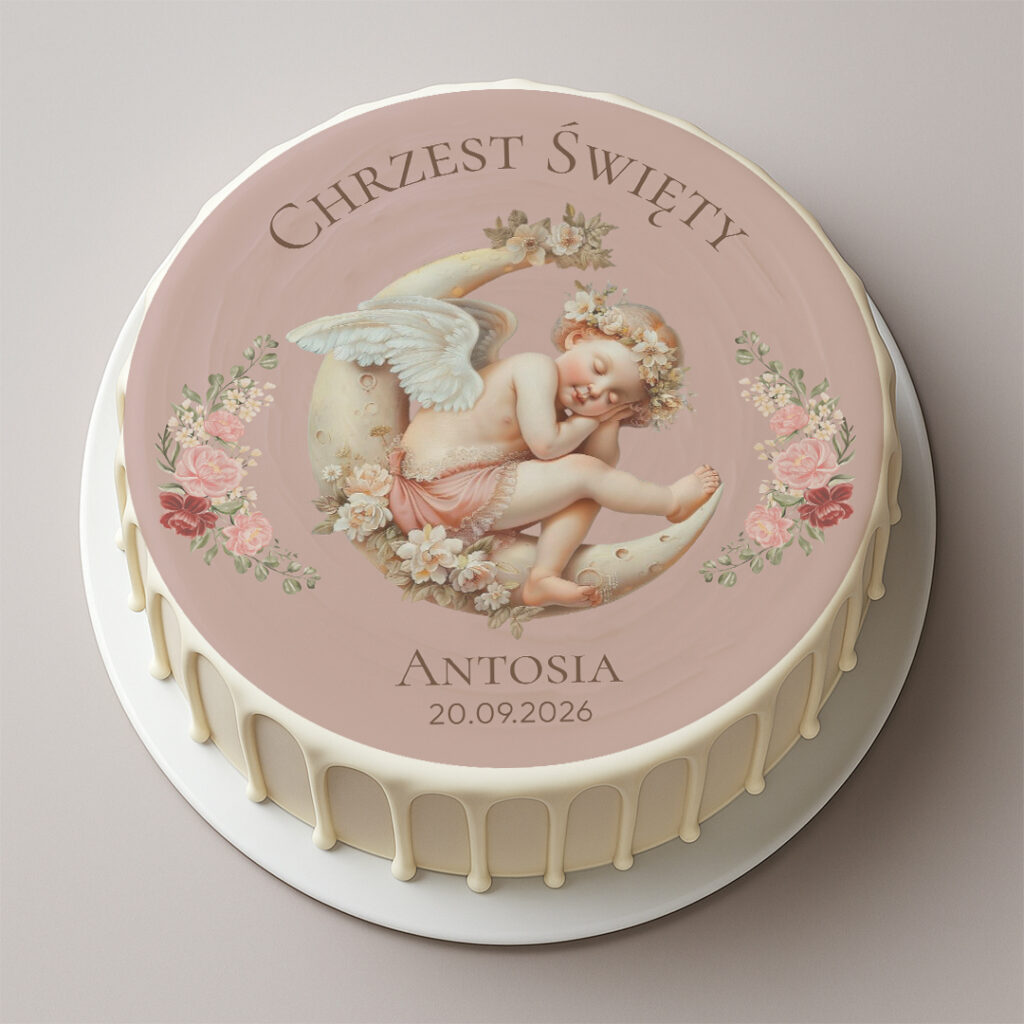 Opłatek na tort na Chrzest z Aniołkiem
